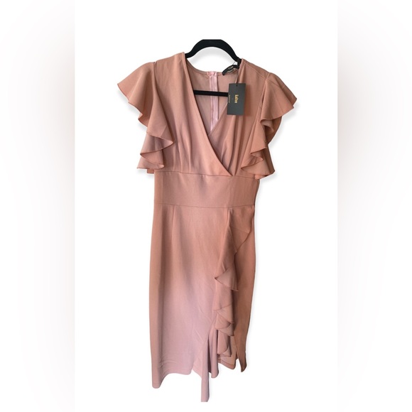 Knitee Women's Deep-V Neck Ruffle Sleeves Cocktail Party Dress - Picture 4 of 4